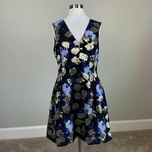 Badgley Mischka Metallic Floral Print A-Line Cocktail Dress Blue Multi Size 12 - Picture 2 of 13